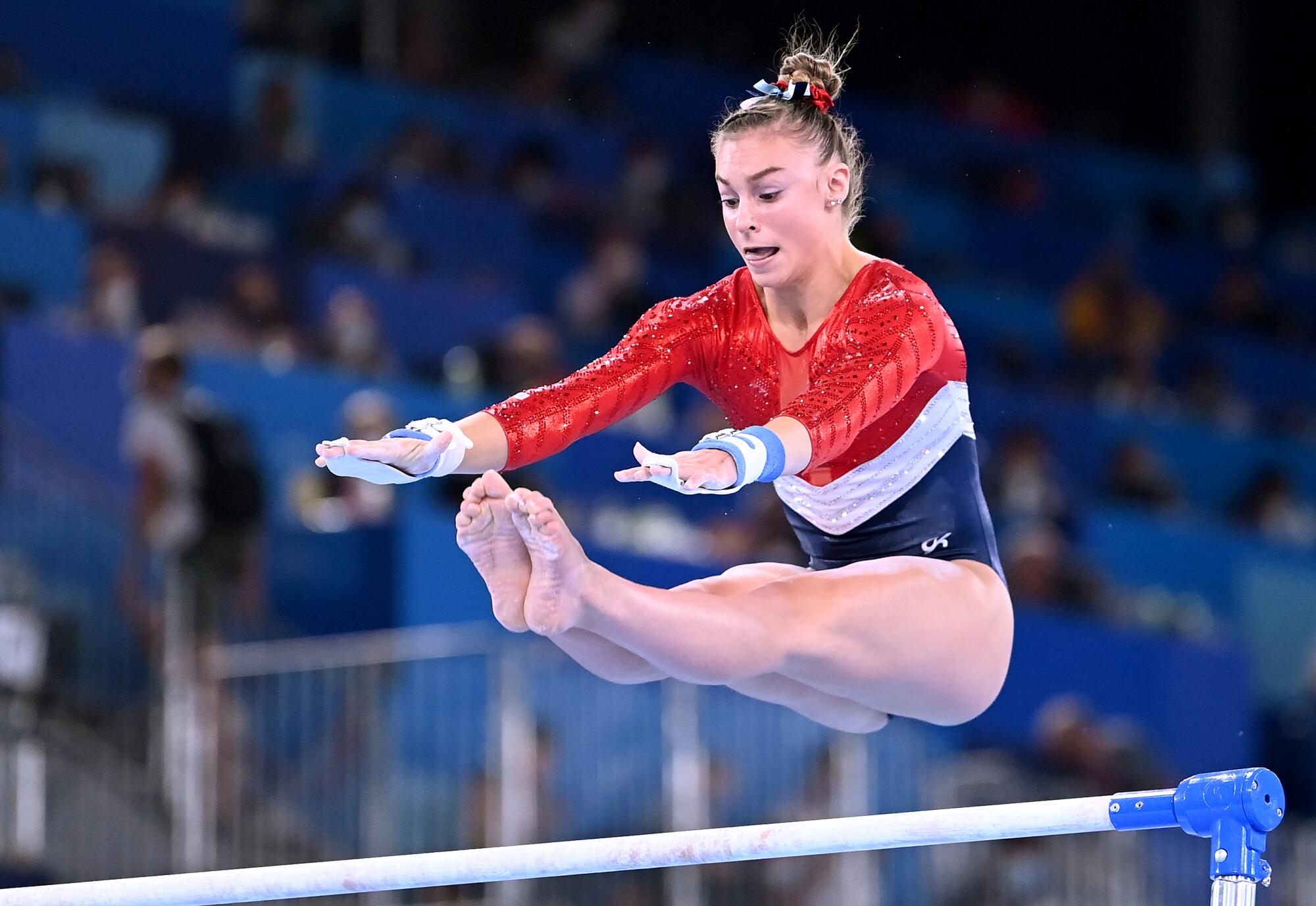 U.S. gymnast Grace McCallum competes on the uneven parallel bars in the women's team final.