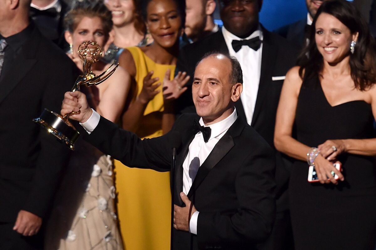 LOS ANGELES, CA - SEPTEMBER 20: Writer/producer Armando Iannucci with cast and crew accept Outstanding Comedy Series award for 'Veep' onstage during the 67th Annual Primetime Emmy Awards at Microsoft Theater on Sept. 20, 2015 in Los Angeles, California.
