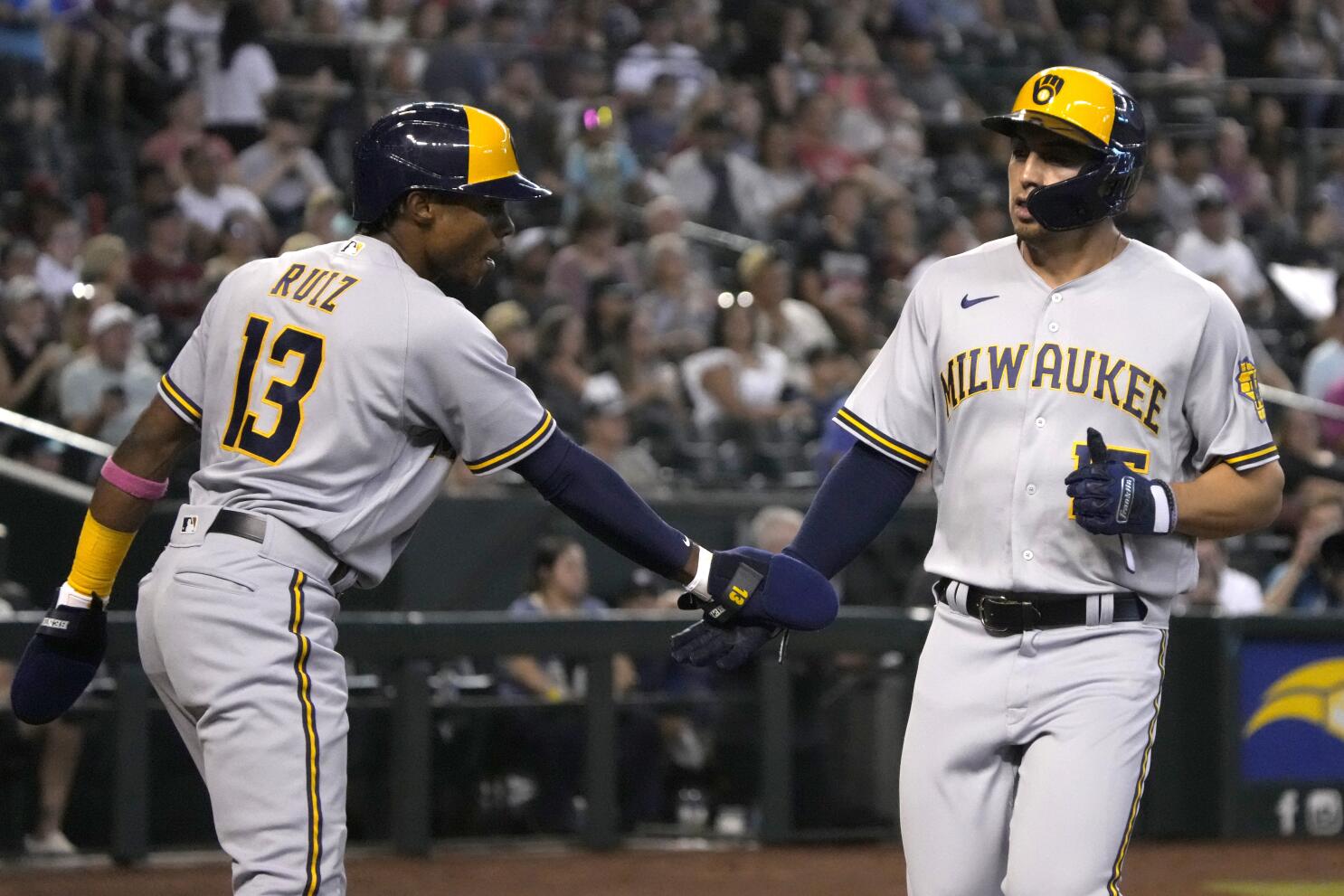 Tyrone Taylor of the Milwaukee Brewers celebrates with teammates News  Photo - Getty Images