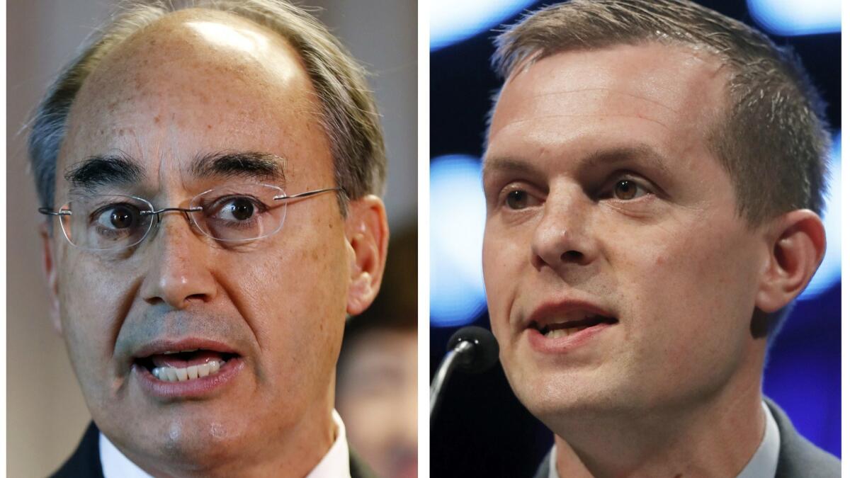U.S. Rep. Bruce Poliquin, left, and state Rep. Jared Golden battle in Maine's 2nd Congressional District. The race will come down to an instant runoff.
