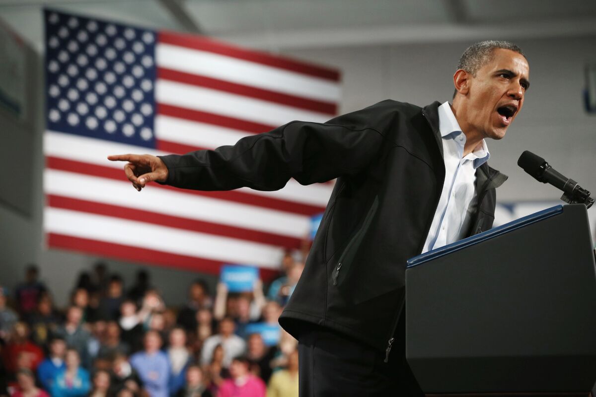President Obama addresses a campaign rally at Springfield High School in Springfield, Ohio.
