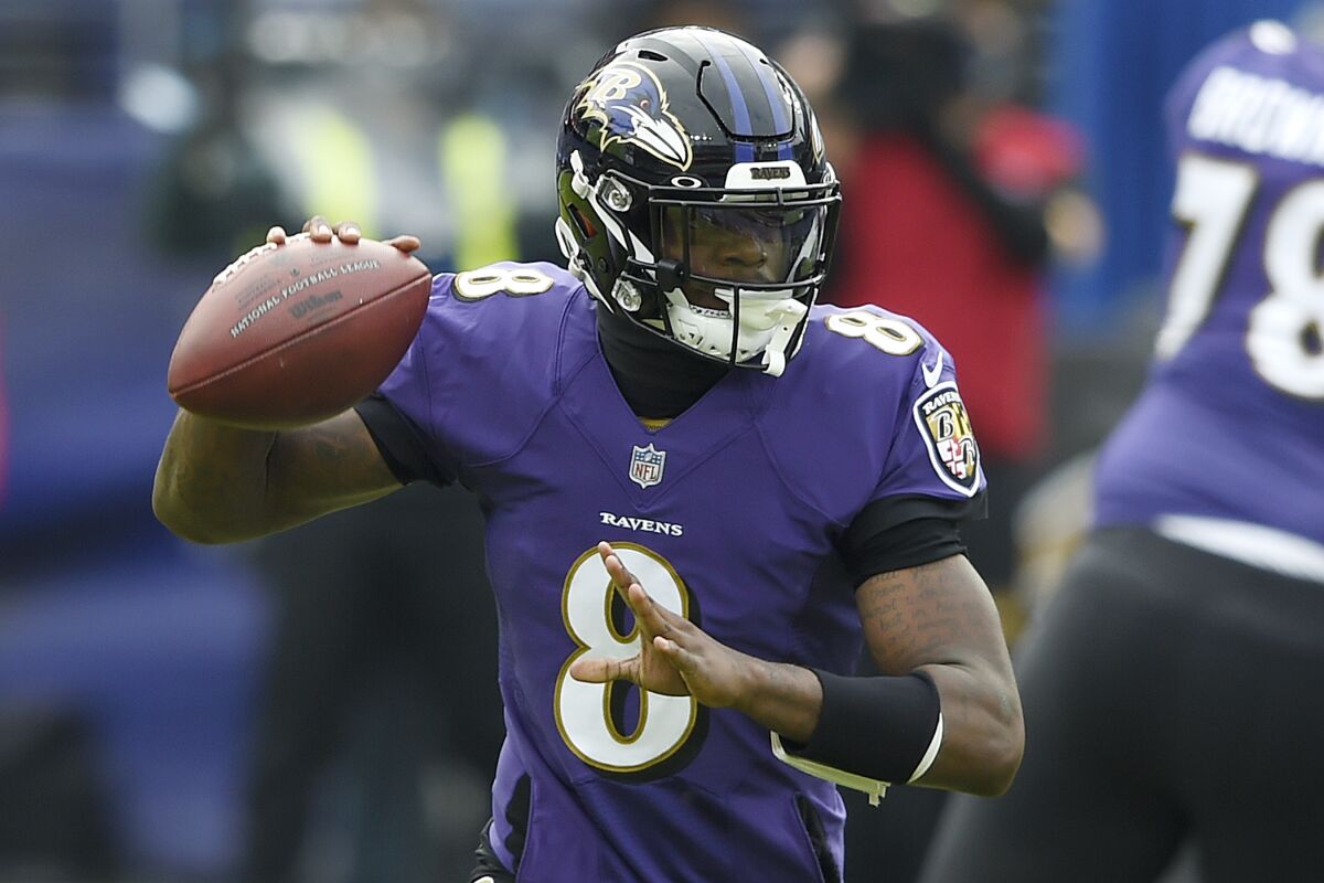 Baltimore Ravens quarterback Lamar Jackson throws a pass against the Jacksonville Jaguars.