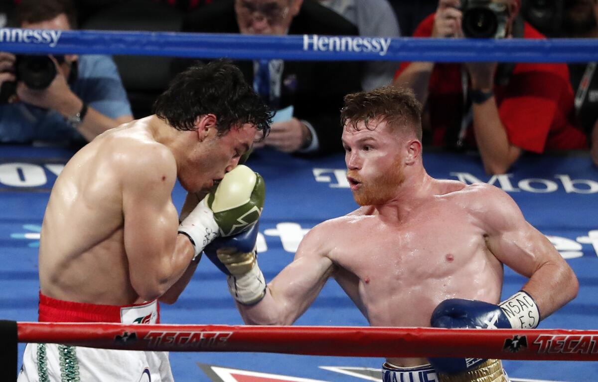 Canelo Alvarez, of Mexico, right, punches Julio Cesar Chavez Jr., of Mexico, during their catch weight boxing match Saturday, May 6, 2017, in Las Vegas. (AP Photo/Isaac Brekken)