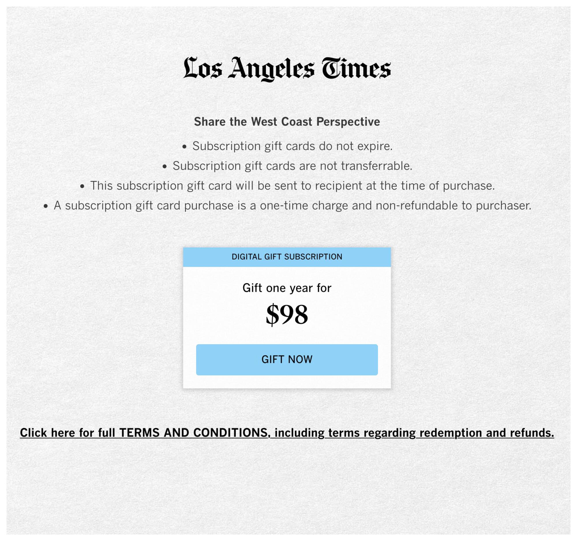 Los Angeles Times Digital Subscription: $52 per year, $1.25 per week