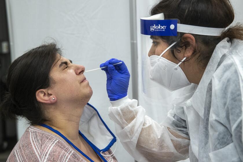 CALABASAS, CA - SEPTEMBER 02, 2020: Jessie Sweney, confidential secretary at the Las Virgenes Unified School District headquarters in Calabasas is given a nasopharyngeal swab test to detect COVID-19 by phlebotomist Jessica Garcia at Arthur E. Wright Middle School in Calabasas. Las Virgenes School District employees on a voluntary basis were given a nasopharyngeal swab test to detect COVID-19 and also had their blood drawn to have it tested for antibodies to determine if they have had the coronavirus infection within the last 2 months. (Mel Melcon / Los Angeles Times)