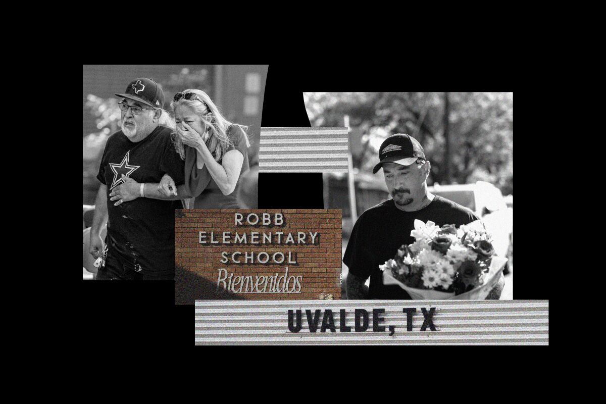 A combination of photos of a woman crying, the exterior of a school, and a man carrying flowers