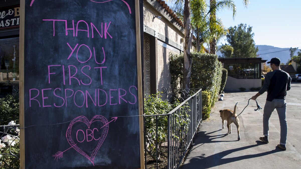 A sign thanking first responders is seen outside of Ojai Brewing Co. in downtown Ojai.