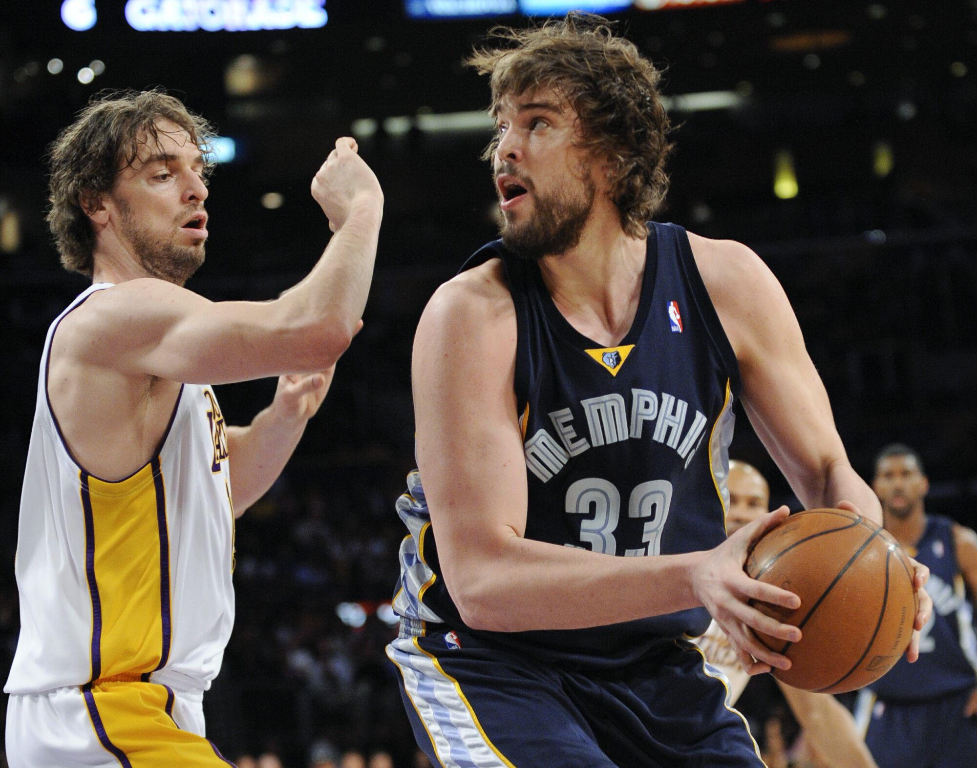 Lakers forward Pau Gasol, left, defends his brother, Grizzlies center Marc Gasol, during a game March 3, 2009 in L.A.