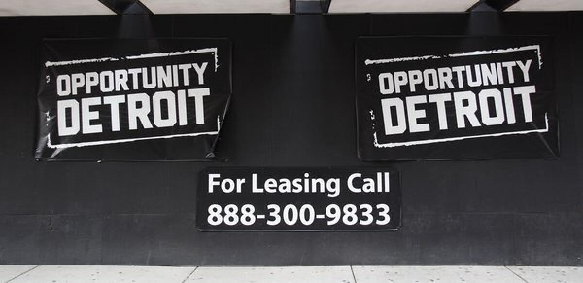 A for-lease sign on a building in downtown Detroit. The city filed for Chapter 9 bankruptcy Thursday, making it the largest city to file for bankruptcy in U.S. history.