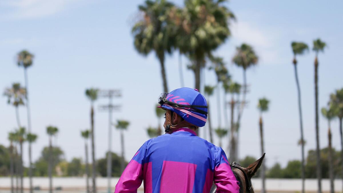 A jockey cools down his horse after a race at Los Alamitos Race Course on Saturday.