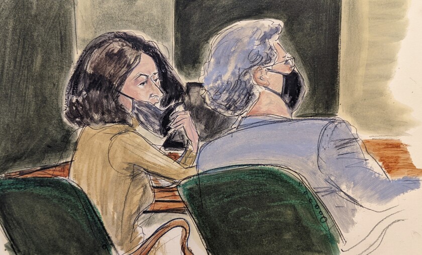 FILE - In this courtroom sketch, Ghislaine Maxwell, left, pulls down her mask to talk to one of her lawyers, Jeffrey Pagliuca, during Maxwell's sex trafficking trial, Monday, Dec. 27, 2021, in New York. (AP Photo/Elizabeth Williams, File)
