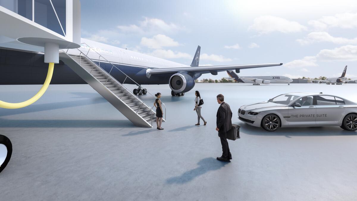 Members of the Private Suite at LAX are driven in a BMW to a staircase that they take from the tarmac into the plane. (Private Suite at LAX)