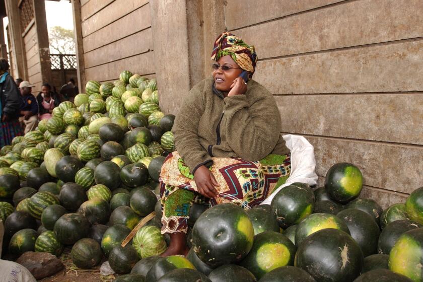Amina Harun makes a call while selling watermelons at a market in Nairobi, Kenya, in 2005. After years of economic growth in Africa, almost everyone seems to own a cellphone, observes Amadou Sy of the Brookings Institution in Washington.