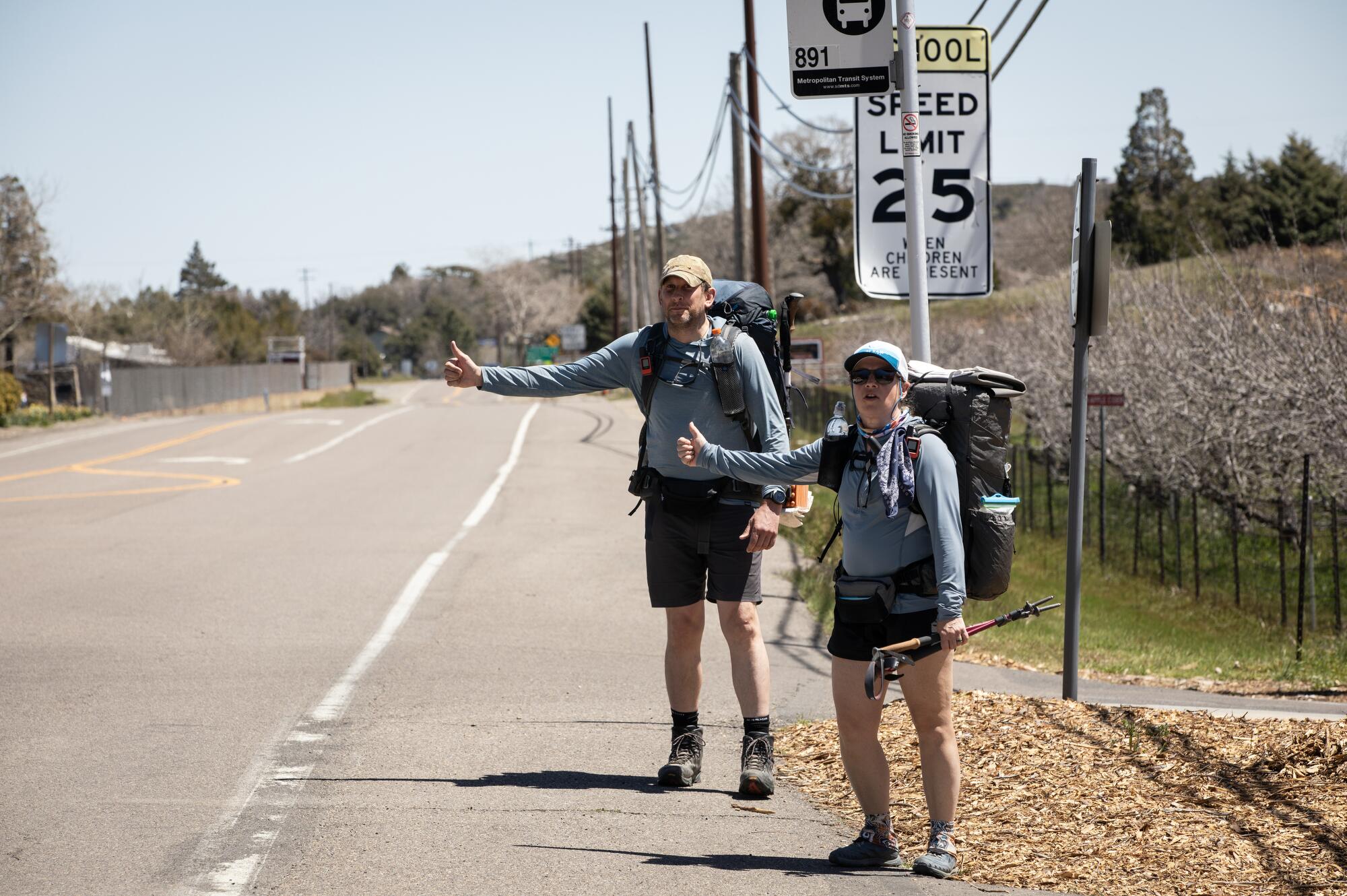 Ryan Seidl, 46, of Oregon, left, and Lani Shooks, 53, of Michigan, hitchhike back to the Pacific Crest Trail