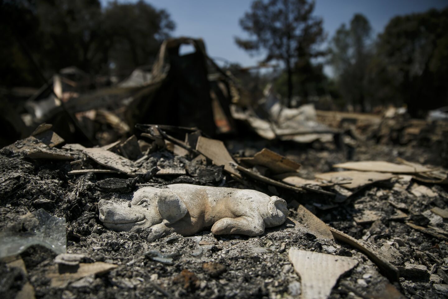 A statue sits untouched at the doorstop to a home burned in the Detwiler wildfire in Mariposa, Calif.