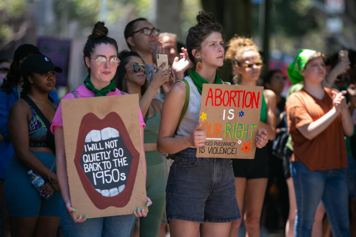 Supporters of abortion rights protest in downtown Los Angeles on June 26, 2022. 