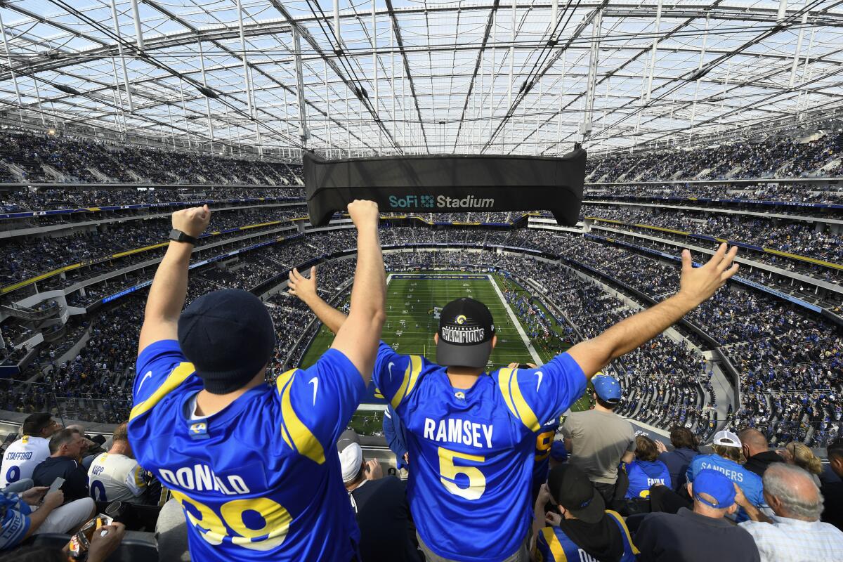 People cheering before the start of Sunday's game against the Detroit Lions at SoFi Stadium.
