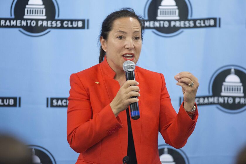 FILE – California Lt. Gov. Eleni Kounalakis speaks during a debate in Sacramento, Calif., on April 17, 2018, back when she was a candidate for the office. Kounalakis, a Democrat, announced on Monday, April 24, 2023, that she will run for governor in 2026. (AP Photo/Steve Yeater, File)