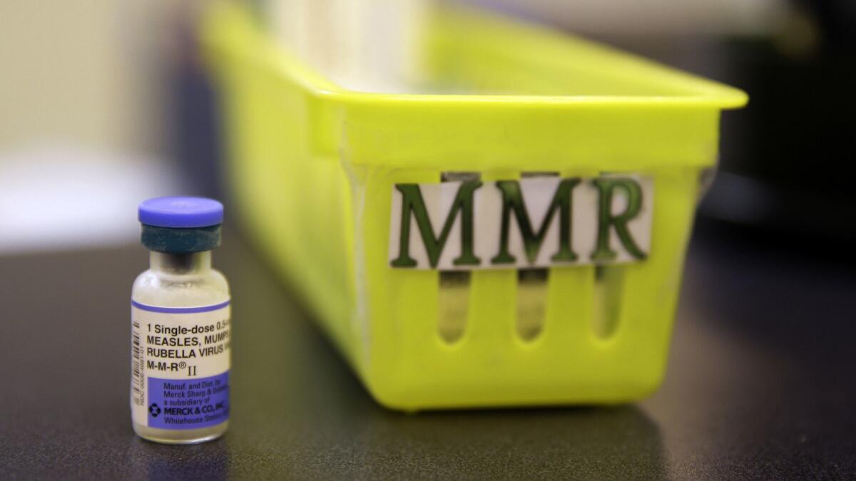 A measles, mumps and rubella vaccine at a California pediatrics clinic.