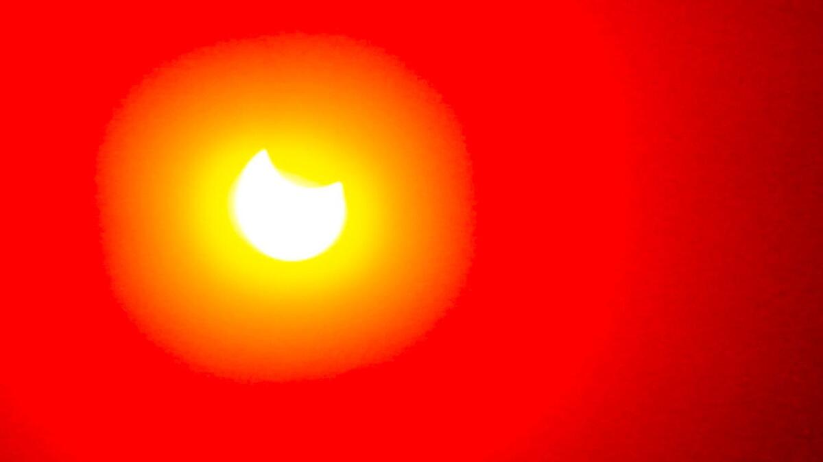 A partial eclipse of the sun, photographed through a telescope at Mt. Wilson Observatory in 2014.