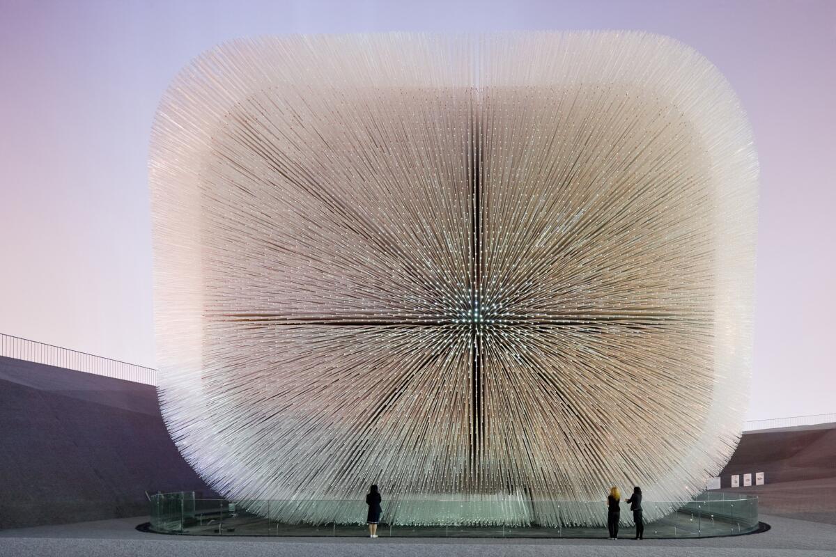 Thomas Heatherwick's "hairy" British pavilion for the 2010 World Expo in Shanghai is covered with a fuzzy-looking skin of 60,000 clear acrylic rods.