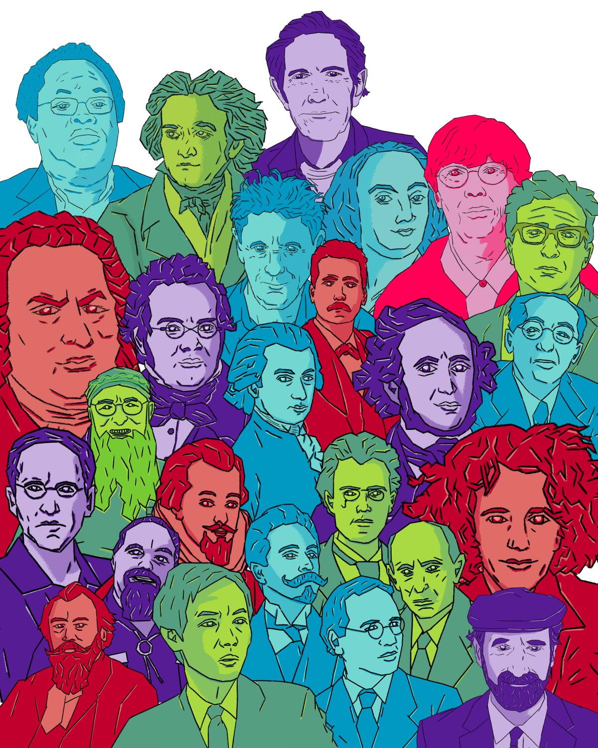 An illustration  shows a collage of the 25 composers from Mark Swed's "How to Listen" series.