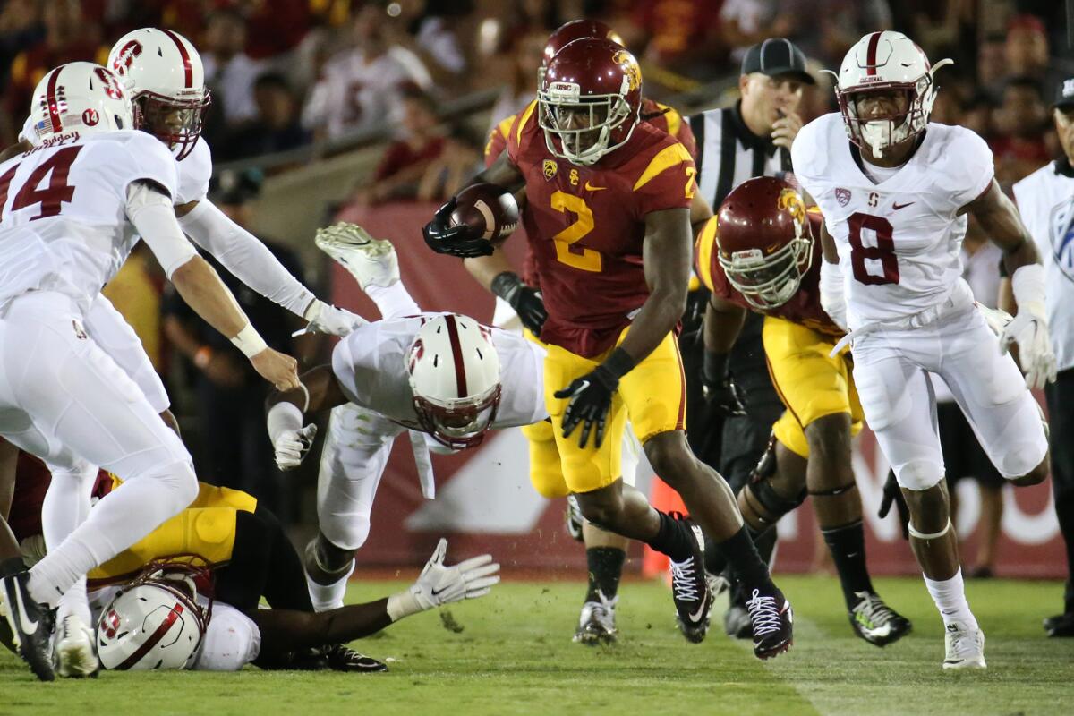 USC cornerback Adoree Jackson tiptoes along the sideline during a kick return against Stanford in the second half on Sept. 19.