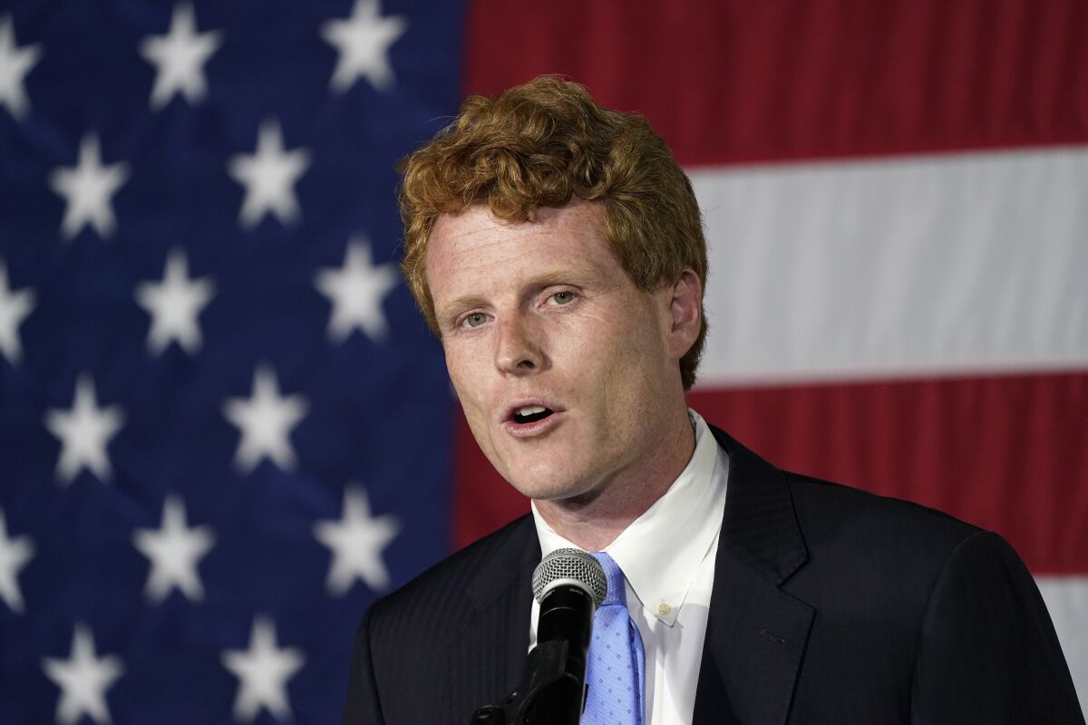 FILE - In this Tuesday, Sept. 1, 2020 file photo, U.S. Rep. Joe Kennedy III speaks outside his campaign headquarters in Watertown, Mass., after conceding defeat to incumbent U.S. Sen. Edward Markey in the Massachusetts Democratic Senate primary. U.S. Rep. Joe Kennedy III's campaign improperly spent $1.5 million earmarked for the general election during the Massachusetts congressman's failed bid to capture the Democratic nomination for a U.S. Senate seat, he said Friday, Oct. 16, 2020. (AP Photo/Charles Krupa, File)