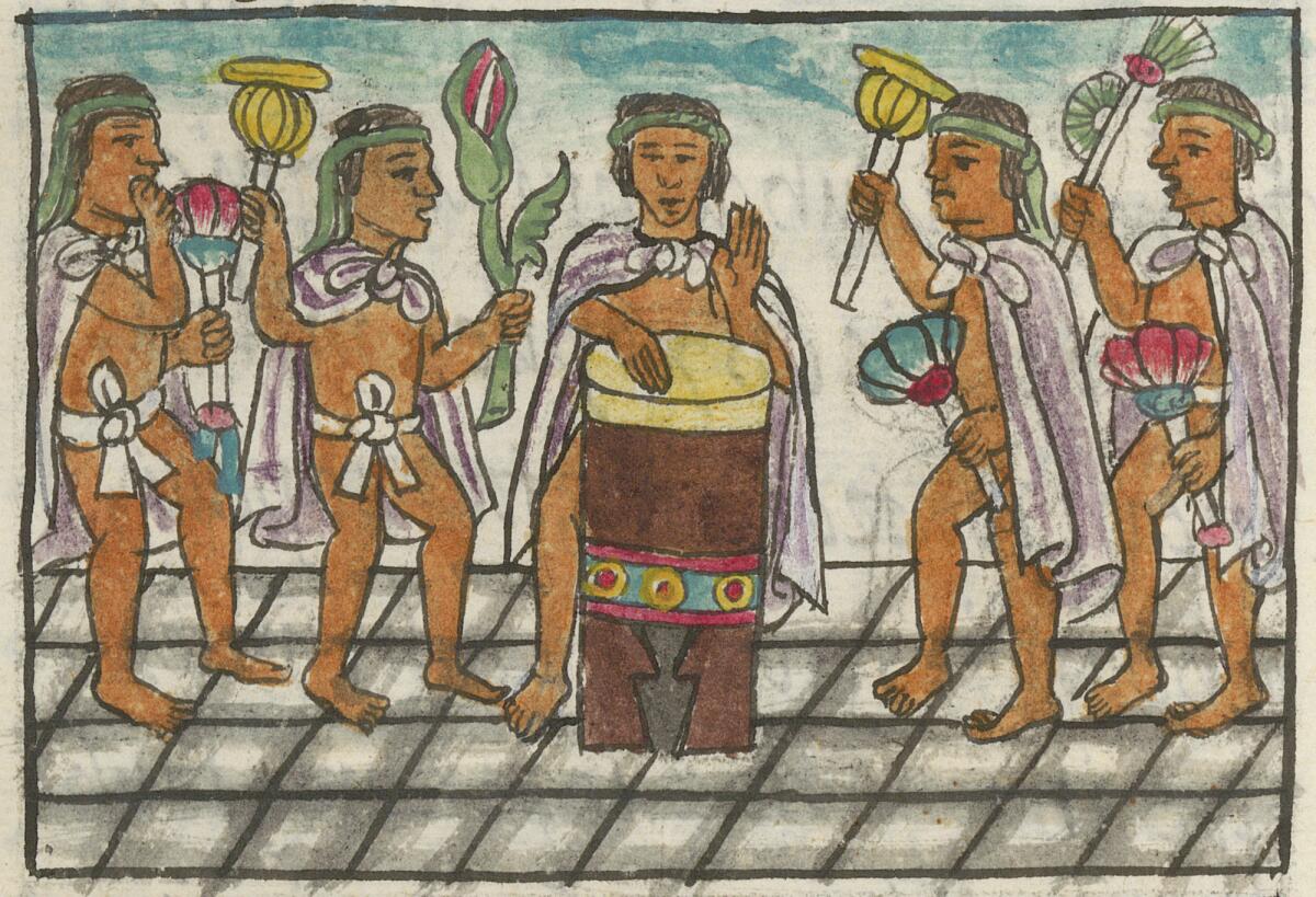 A 16th century colonial illustration shows a man in a cape drumming surrounded by four dancers, also in capes.