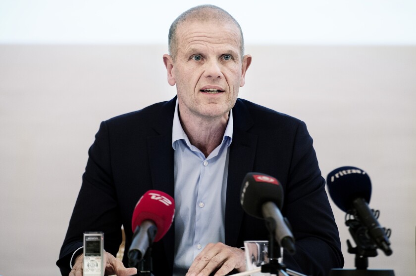 FILE - Head of Danish Defense Intelligence Service Lars Findsen speaks during the presentation of the annual report at Kastellet in Copenhagen, Dec. 19, 2017. A Danish court has revealed that a man who has headed both of Denmark’s intelligence agencies at different times has been detained for over a month on suspicion of “disclosing highly classified information from the intelligence services." There is speculation that Lars Findsen was considered too friendly toward the media. A court-ordered ban was removed Monday, Jan. 10, 2022 allowing media to reveal his name. (Liselotte Sabroe/Ritzau Scanpix via AP)