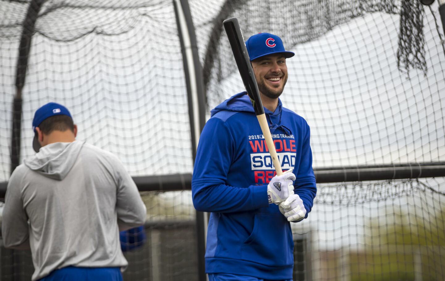 Cubs third baseman Kris Bryant works out during batting practice at spring training at Sloan Park in Mesa, Ariz., on Wednesday, Feb. 13, 2019.