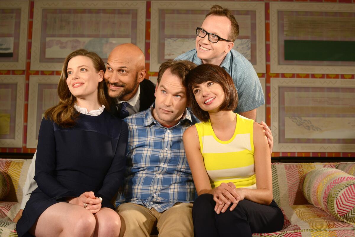 Mike Birbiglia, center in blue-checked shirt, with Gillian Jacobs, left, Keegan-Michael Key, Chris Gethard and Kate Micucci of "Don't Think Twice."
