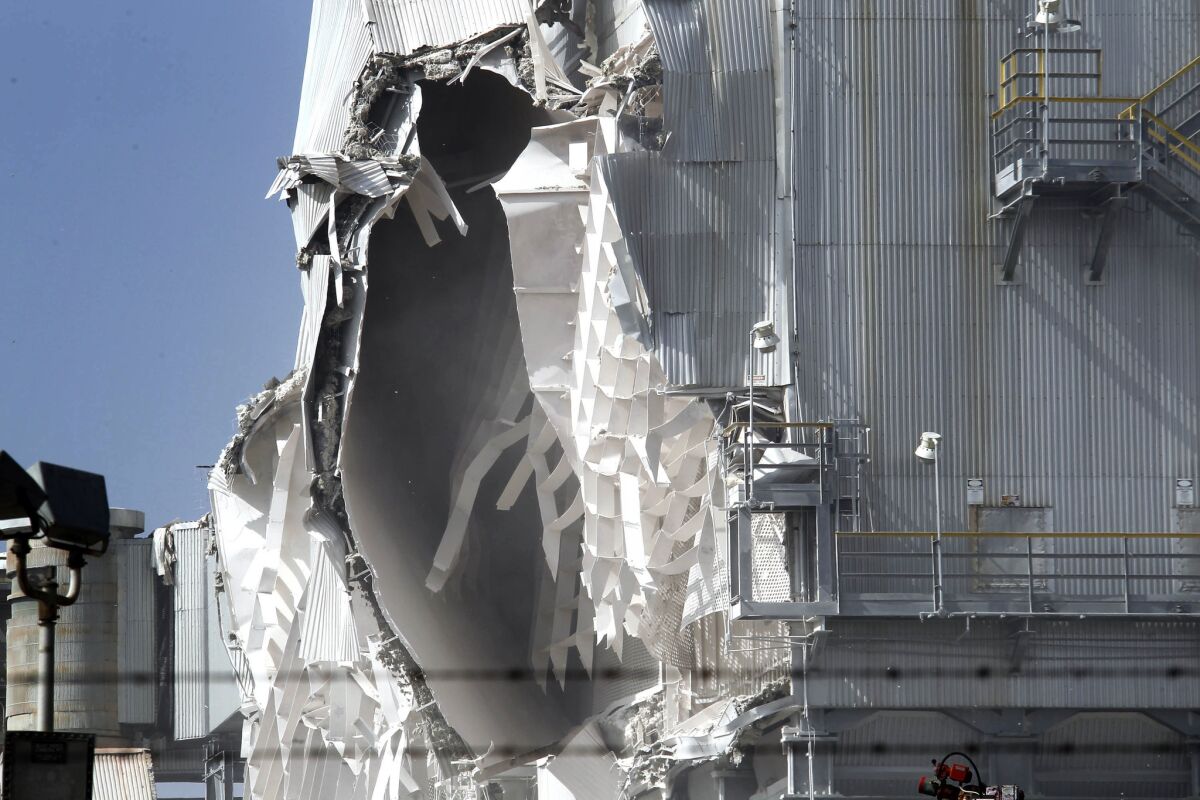 Damage caused by an explosion at the Exxon Mobil refinery in Torrance is seen on Feb. 18, 2015.
