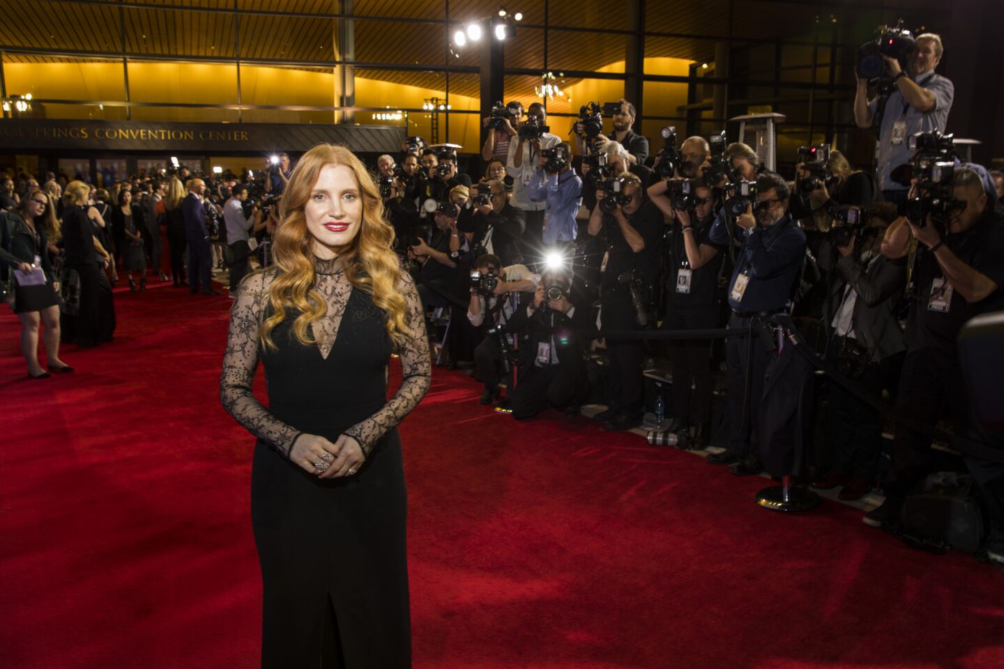Jessica Chastain ("Molly's Game") on the red carpet of the 18th annual Palm Springs International Film Festival Gala. Chastain received the Chairman's Award.