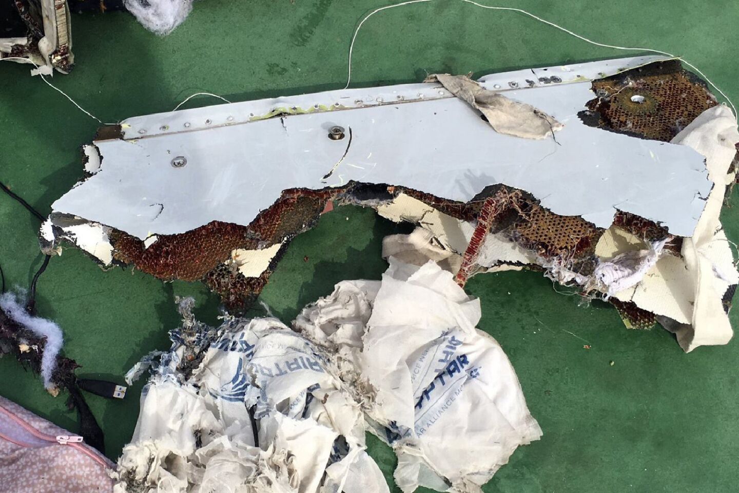 A photo on the official Facebook page of the Egyptian military spokesperson reportedly shows EgyptAir crash debris.
