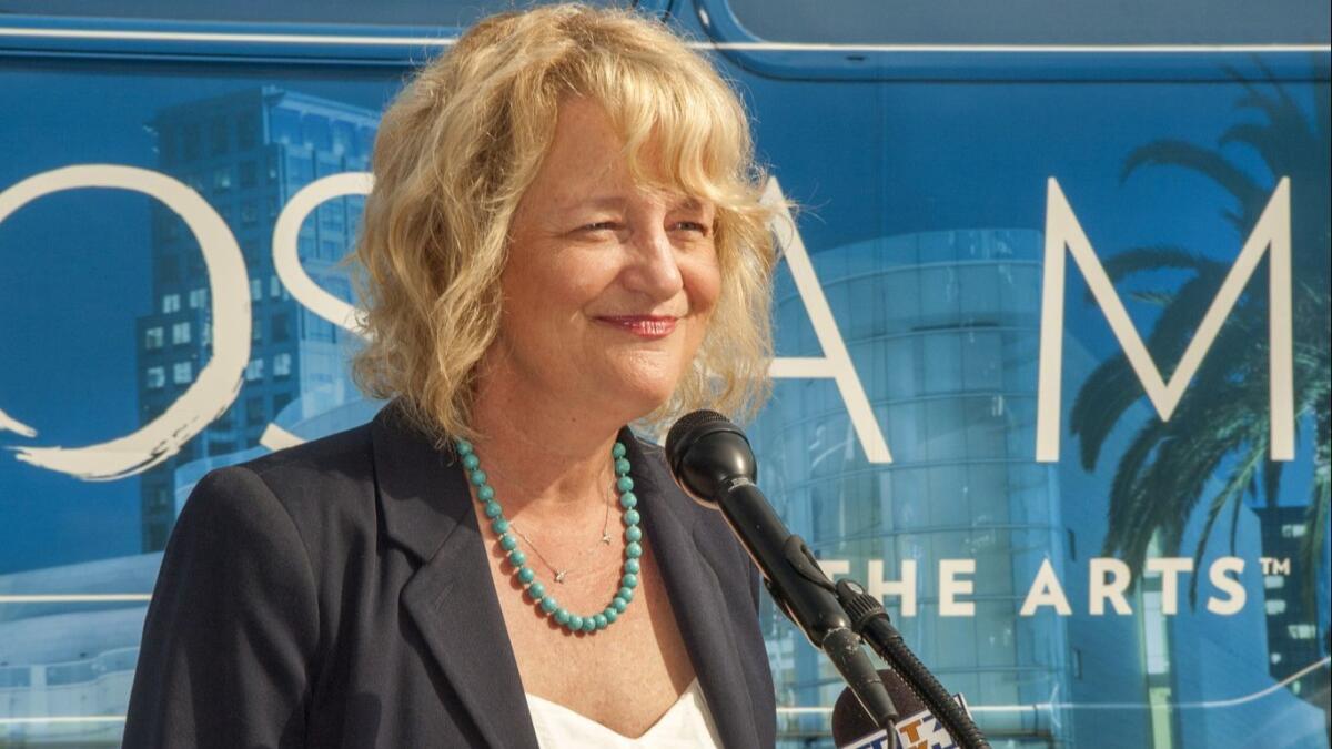 Then-Costa Mesa Mayor Katrina Foley opens the ceremony in front of the ART bus in 2017.