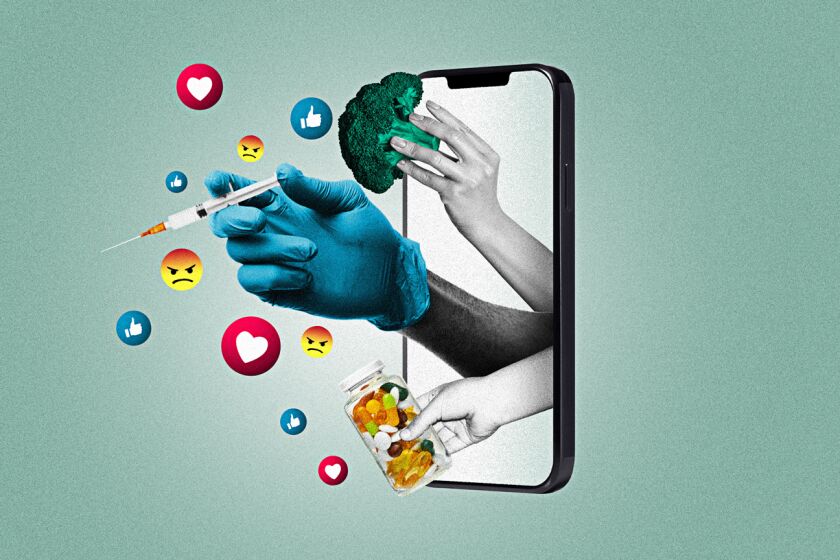 An illustration of three hands popping out of a phone with a bottle of pills, a vaccine and a head of broccoli.