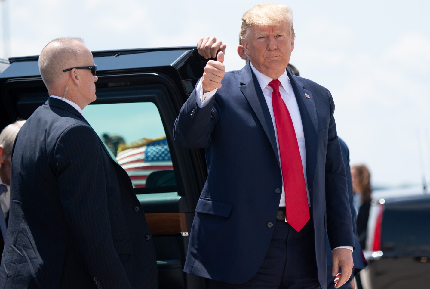 US President Donald Trump arrives to board Air Force One at Wright-Patterson Air Force Base in Ohio on August 7, 2019. - Trump and First Lady Melania Trump met with first responders, hospital staff, victims and their families, following the August 4 mass shootings in Dayton's popular Oregon District, which left nine people dead. (Photo by SAUL LOEB / AFP)SAUL LOEB/AFP/Getty Images ** OUTS - ELSENT, FPG, CM - OUTS * NM, PH, VA if sourced by CT, LA or MoD **