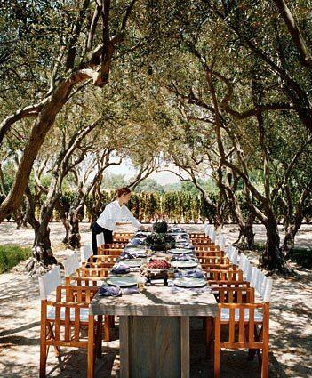 A server puts the finishing touches on the table at the first in a series of lunch-salons at Sandy Hill's Los Olivos Ranch, Rancho La Zaca. Old olive trees arch overhead.