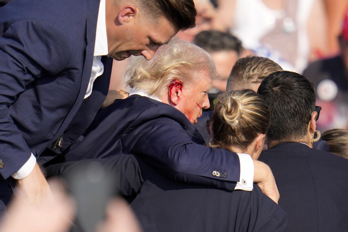 Former President Trump, bleeding from his right ear, is helped off the stage at a campaign event in Butler, Pa.