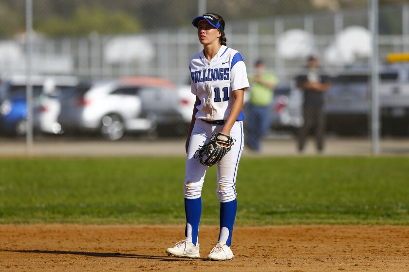 SAN DIEGO, March 19th, 2018 | Ramona at Santana girls high school softball on Monday, March 19th, 2018. Ramona's Seneca Curo looks on during the second inning against Santana. Photo by Chadd Cady