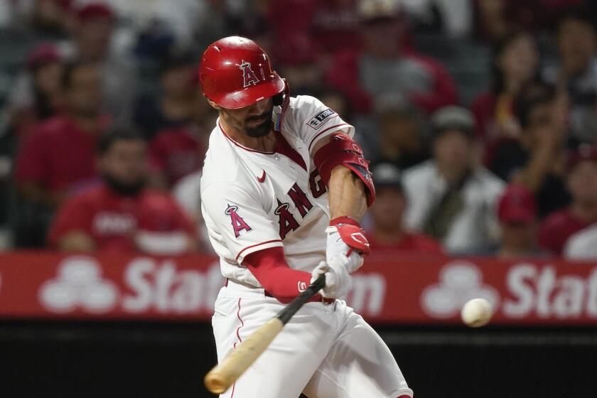 The Angels' Randal Grichuk hits a home run against the Orioles