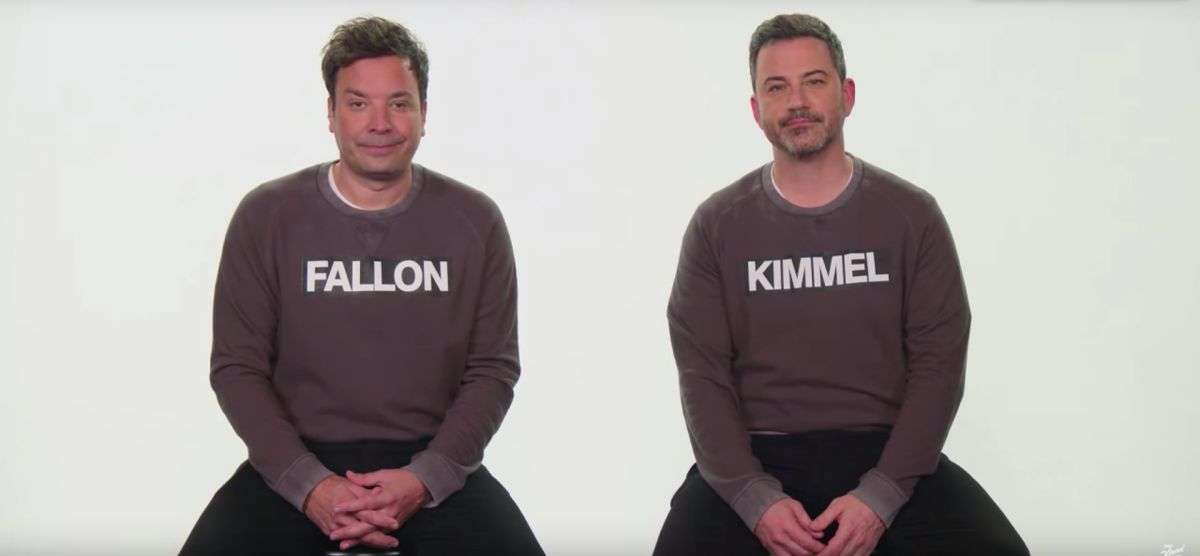 Late-night TV hosts Jimmy Fallon, left, and Jimmy Kimmel want to help you tell them apart.