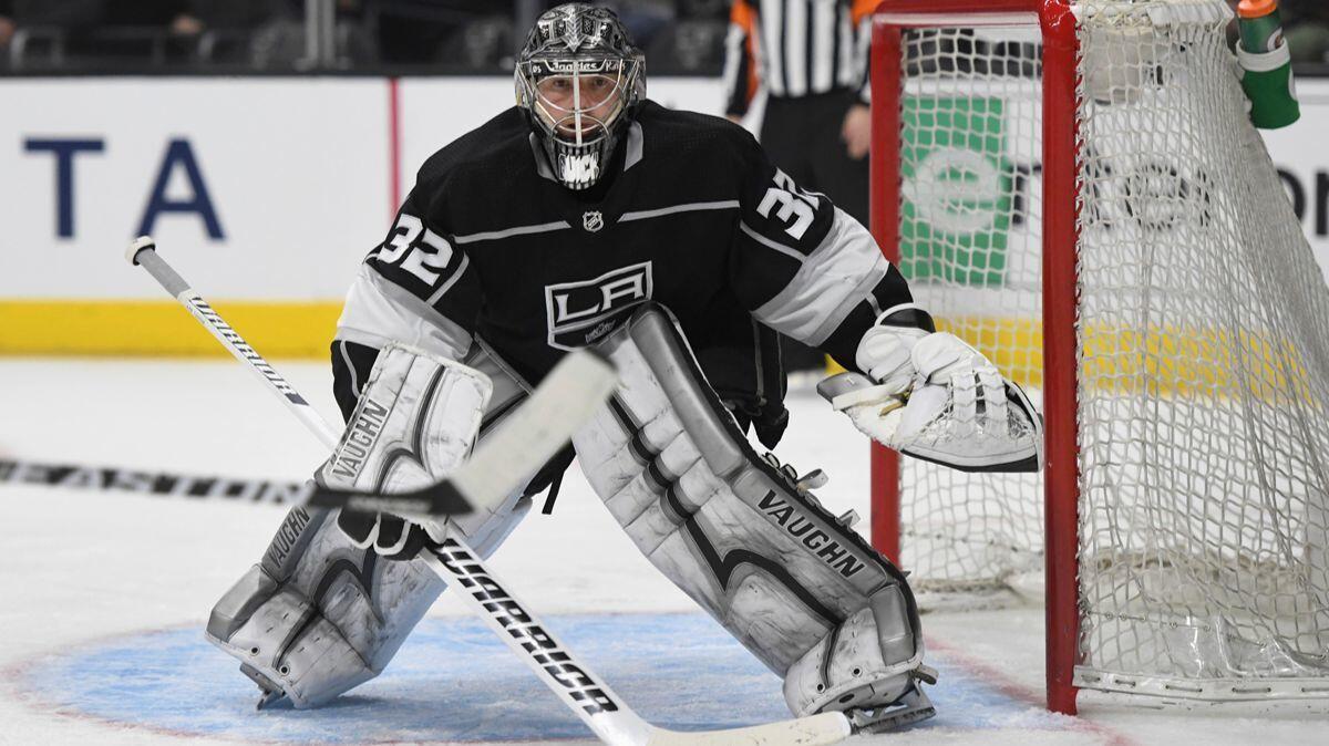 Kings goalie Jonathan Quick guards the net during a game against the New York Rangers on Sunday.