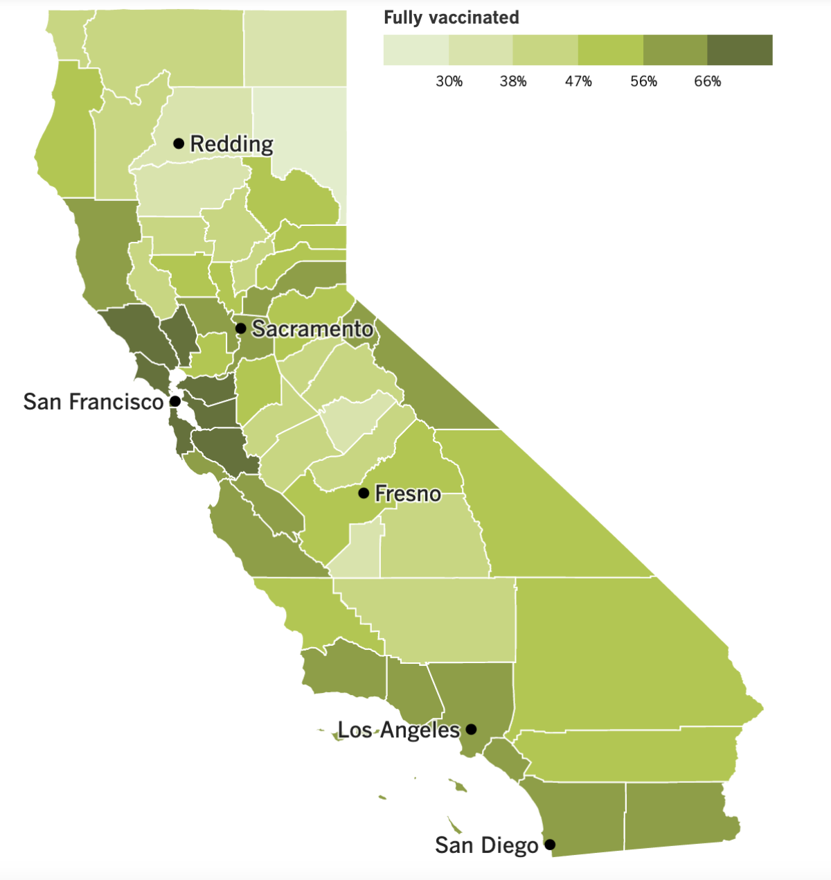 A map showing California's vaccination progress by county.