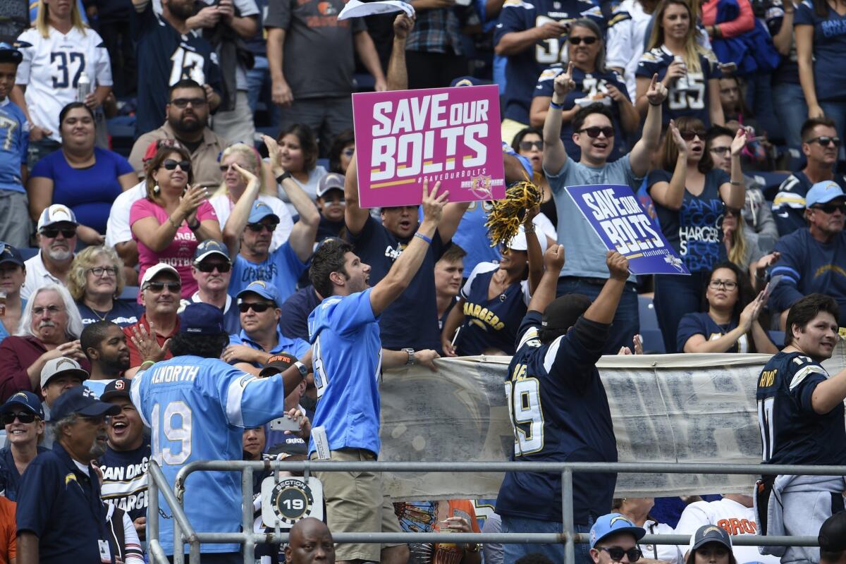 San Diego Chargers fans display "save our Bolts" signs before a game against Cleveland on Oct. 4.