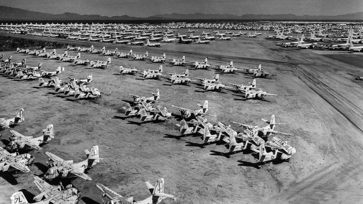 March 22, 1967: Thousands of military planes are stored at Davis-Manthan Air Force Base in Tucson. Dozens of the aircraft were being pulled out of retirement, rebuilt and sent for use in the Vietnam War. This photo appeared in the Los Angeles Times on April 30, 1967.