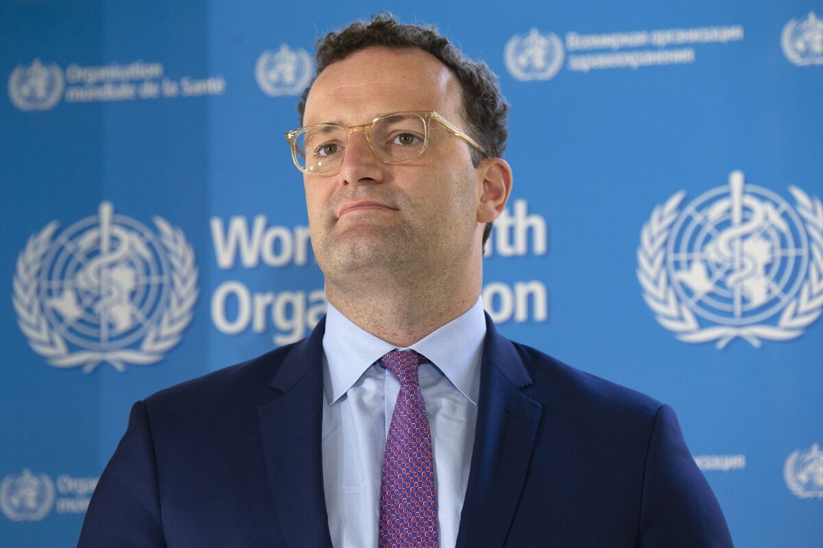 Germany's Minister of Health Jens Spahn attends a press conference, at the World Health Organization (WHO) headquarters in Geneva, Switzerland, Thursday, June 25, 2020. (Salvatore Di Nolfi/Keystone via AP)