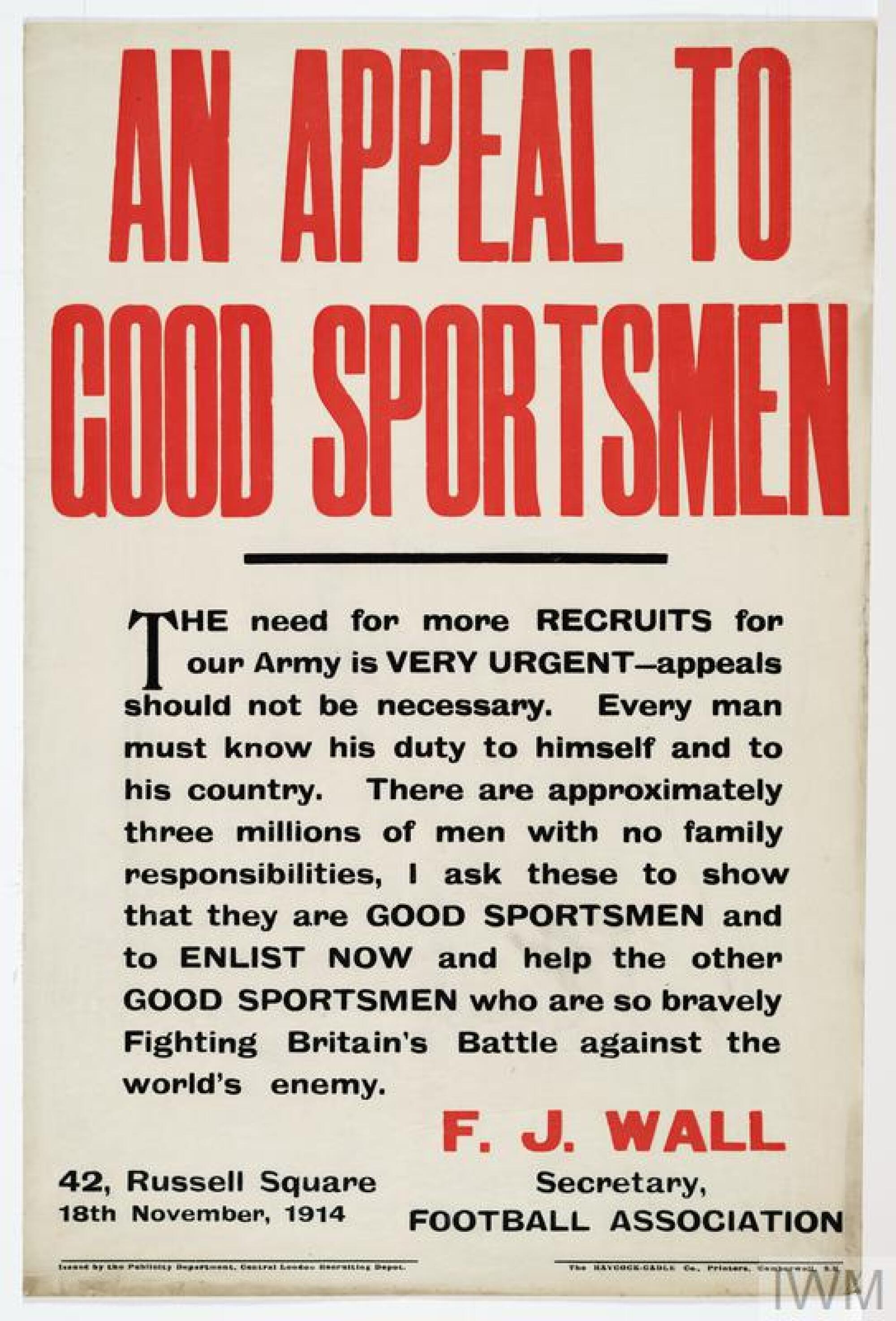 A British World War I recruiting poster urges young athletes to join the fight against the Germans