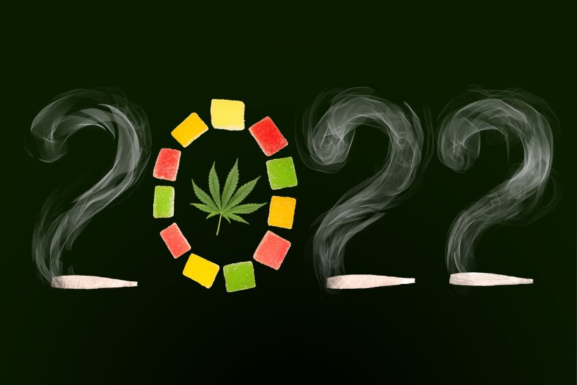Illustration of "2022" formed by marijuana joints, smoke, gummies, and a cannabis leaf.